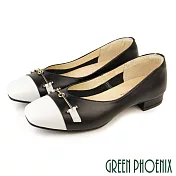 【GREEN PHOENIX】女 低跟鞋 娃娃鞋 便鞋 撞色 一字金屬 方頭 通勤 上班 台灣製 US6.5 黑色