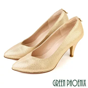 【GREEN PHOENIX】女 高跟鞋 宴會鞋 婚鞋 金蔥 鱗片感 全真皮 尖頭 US4.5 金色