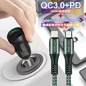 商檢認證PD+QC3.0 USB雙孔超急速車充+City勇固Type-C to Lightning PD編織耐彎折快充線-綠120cm