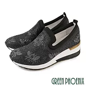 【GREEN PHOENIX】女 休閒鞋 懶人鞋 蜜蜂 水鑽 全真皮 厚底 EU38 黑色
