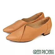 【GREEN PHOENIX】女 低跟鞋 素面 全真皮 尖頭 OL通勤 上班 面試 US7.5 卡其色