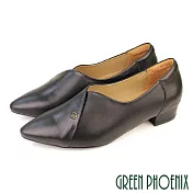 【GREEN PHOENIX】女 低跟鞋 素面 全真皮 尖頭 OL通勤 上班 面試 US5.5 黑色