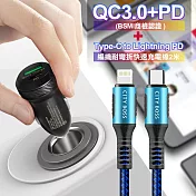 商檢認證PD+QC3.0 USB雙孔超急速車充+City勇固Type-C to Lightning PD編織耐彎折快充線-藍200cm iPhone14 Pro系列快充