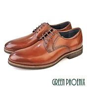 【GREEN PHOENIX】男 紳士皮鞋 商務皮鞋 輕量 素面 雕花 小牛皮 全真皮 綁帶 EU40 棕色