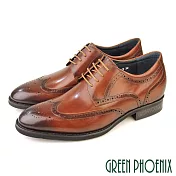 【GREEN PHOENIX】男 紳士皮鞋 商務皮鞋 輕量 巴洛克雕紋 小牛皮 內增高 綁帶 EU40 棕色