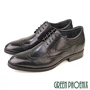 【GREEN PHOENIX】男 紳士皮鞋 商務皮鞋 輕量 巴洛克雕紋 小牛皮 內增高 綁帶 EU40 黑色