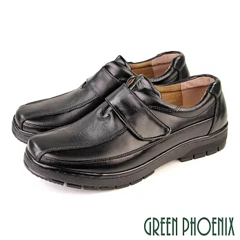 【GREEN PHOENIX】男 商務皮鞋 休閒皮鞋 學生鞋 皮鞋 素面 全真皮 沾黏式 厚底 EU43 黑色