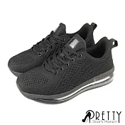 【Pretty】女 運動鞋 休閒鞋 綁帶 飛線編織 彈力 吸震 減壓 全氣墊 JP23 黑色