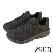【Pretty】女 運動鞋 休閒鞋 透氣 網布 綁帶 厚底 JP25.5 全黑色