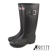 【Pretty】女 雨靴 雨鞋 長筒 霧面 皮帶釦 防水 粗跟 EU39 黑色