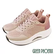 【GREEN PHOENIX】女 休閒鞋 飛線編織 透氣 綁帶 彈力 氣墊 厚底 EU39 粉紅色