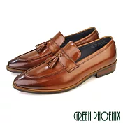 【GREEN PHOENIX】男 紳士皮鞋 商務皮鞋 樂福鞋 流蘇 油蠟牛皮 拉絲手染 EU40 棕色