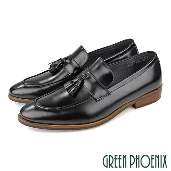 【GREEN PHOENIX】男 紳士皮鞋 商務皮鞋 樂福鞋 流蘇 油蠟牛皮 拉絲手染 EU45 黑色