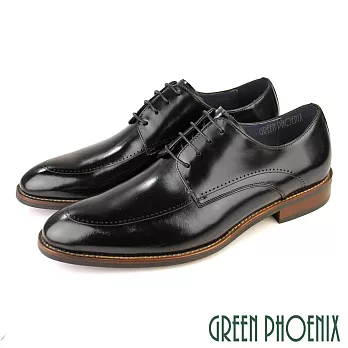 【GREEN PHOENIX】男 紳士皮鞋 商務皮鞋 德比鞋 雕花 油蠟牛皮 拉絲手染 EU45 黑色
