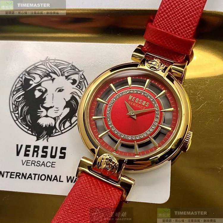 VERSUS VERSACE凡賽斯精品錶,編號：VV00022,36mm圓形玫瑰金精鋼錶殼大紅色錶盤真皮皮革大紅色錶帶