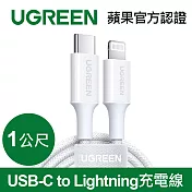 綠聯 USB-C to Lightning充電線/傳輸線MFi彩虹編織版 雲朵白(1公尺)