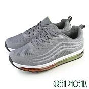 【GREEN PHOENIX】男 休閒鞋 運動鞋 透氣 網布 全氣墊 彈力 吸震 綁帶 厚底 JP26 灰色