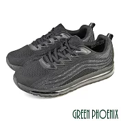 【GREEN PHOENIX】男 休閒鞋 運動鞋 透氣 網布 全氣墊 彈力 吸震 綁帶 厚底 JP26 黑色