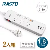【2入組】RASTO FE8 四開三插三孔二埠USB延長線 1.8M 灰