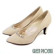 【GREEN PHOENIX】女 高跟鞋 婚鞋 宴會鞋 花朵 水鑽 全真皮 尖頭 台灣製 JP23.5 金色