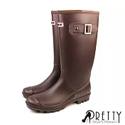 【Pretty】女 雨靴 雨鞋 長筒 霧面 皮帶釦 防水 粗跟 EU36 棕色