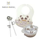 【MARCUS＆MARCUS】兒童進階學習餐具3件組-貓熊款(圍兜+學習筷+吸盤碗含蓋)