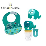 【MARCUS＆MARCUS】口腔訓練3入組(大口袋圍兜+咬咬輔食組+固齒玩具)-湖水綠