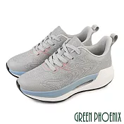【GREEN PHOENIX】女 休閒鞋 仿石紋 透氣 飛線編織 綁帶 彈力 氣墊 厚底 EU38 灰色