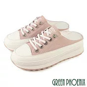 【GREEN PHOENIX】女 穆勒鞋 拖鞋 懶人鞋 奶油頭 全真皮 厚底 前包後空 彈性鞋帶 EU40 粉紅色