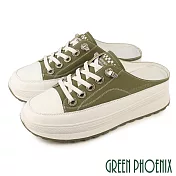 【GREEN PHOENIX】女 穆勒鞋 拖鞋 懶人鞋 奶油頭 全真皮 厚底 前包後空 彈性鞋帶 EU40 綠色