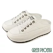 【GREEN PHOENIX】女 穆勒鞋 拖鞋 懶人鞋 奶油頭 全真皮 厚底 前包後空 彈性鞋帶 EU36 白色