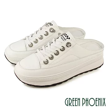 【GREEN PHOENIX】女 穆勒鞋 拖鞋 懶人鞋 奶油頭 全真皮 厚底 前包後空 彈性鞋帶 EU36 白色