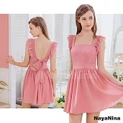 【Naya Nina】粉紅荷葉小蓋袖美背連身洋裝睡裙睡衣 FREE 粉色