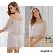 【Naya Nina】純白鏤空蕾絲二件式衣短褲套裝居家睡衣 FREE 白