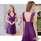 【Annabery】大尺碼 浪漫紫荷葉蕾絲柔緞連身性感睡衣裙 FREE 紫