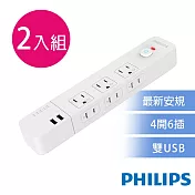【Philips 飛利浦】4開6插+雙USB延長線 1.8M 兩入組-CHP4760 白色2入