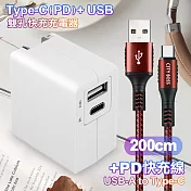 TOPCOM Type-C(PD)+USB雙孔快充充電器+CITY勇固USB-A to Type-C 編織快充線-200cm-紅 紅色