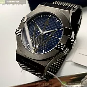 MASERATI瑪莎拉蒂精品錶,編號：R8853108005,42mm六角形槍灰色精鋼錶殼寶藍色槍灰錶盤米蘭深黑色錶帶