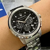 MASERATI瑪莎拉蒂精品錶,編號：R8873621001,44mm圓形銀精鋼錶殼黑色錶盤精鋼銀色錶帶