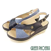 【GREEN PHOENIX】女 涼鞋 交叉 金屬釦 全真皮 厚底 楔型 台灣製 JP26 藍色