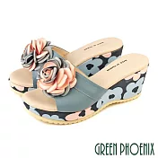 【GREEN PHOENIX】女 拖鞋 玫瑰 全真皮 輕量 厚底 楔型 台灣製 JP24 淺灰色