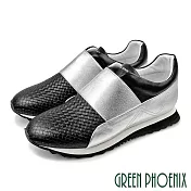 【GREEN PHOENIX】女 休閒鞋 國際精品 胎牛皮 編織 彈性帶 厚底 西班牙原裝 EU37 黑色
