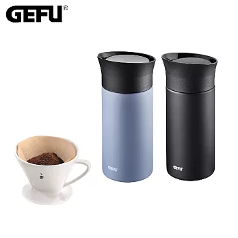 【GEFU】德國品牌按壓式不鏽鋼保溫杯300ml+陶瓷咖啡濾杯組(2杯份)(原廠總代理) 霧面黑