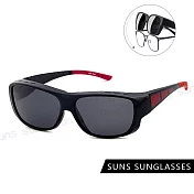 【SUNS】包覆式太陽眼鏡 防滑腳/可套近視眼/可單戴 PC防爆鏡片 S03 黑框紅腳