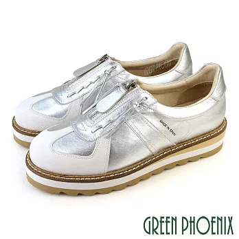 【GREEN PHOENIX】女 休閒鞋 國際精品 胎牛皮 英倫風 鬆糕 厚底 西班牙原裝 EU35 銀色