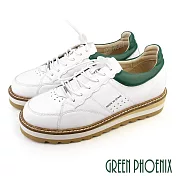 【GREEN PHOENIX】女 休閒鞋 國際精品 胎牛皮 運動風 鬆糕 厚底 西班牙原裝 EU36 綠色