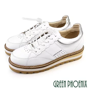 【GREEN PHOENIX】女 休閒鞋 國際精品 胎牛皮 運動風 鬆糕 厚底 西班牙原裝 EU35 銀色