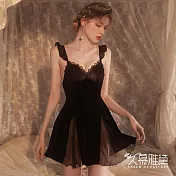 久慕雅黛 花邊蕾絲法式浪漫絲絨吊帶裙。黑色