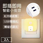 TheLife嚴選 雙USB供電孔紅外線感應燈小夜燈2入-插頭式 白光
