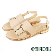 【GREEN PHOENIX】女 涼鞋 皮帶釦 寬版 全真皮 平底 台灣製 JP23 卡其色